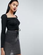 Fashion Union Long Sleeve Crop Top With Ruched Ribbon Tie Front - Black