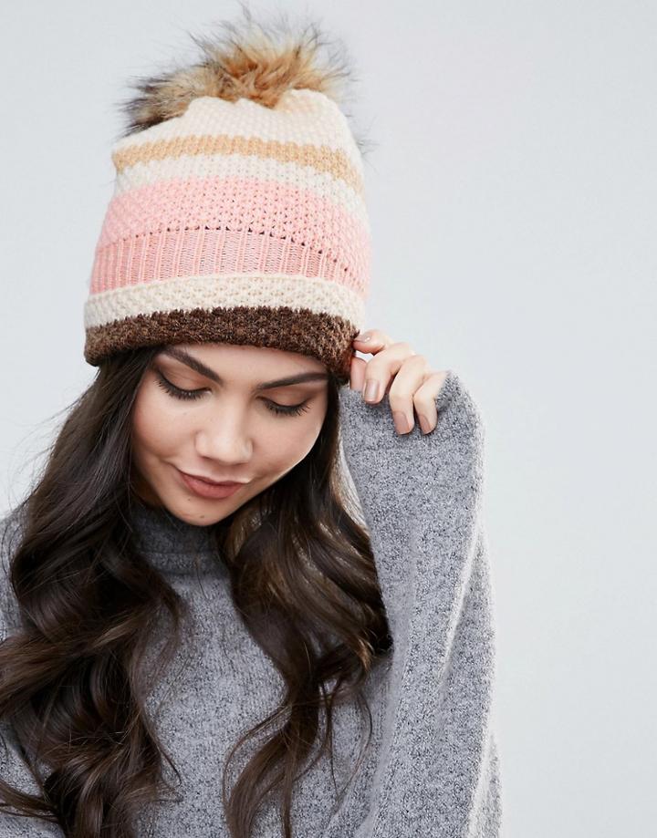 Alice Hannah New Moss Stitch Fur Trim Beanie Hat - Cream