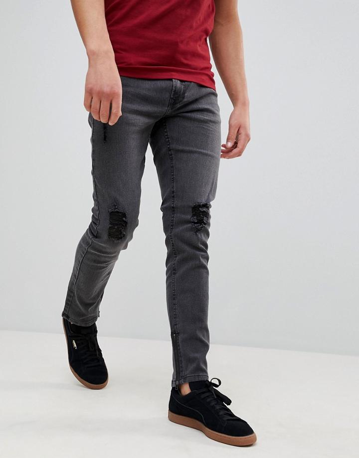 Only & Sons Skinny Fit Jeans With Rips And Zip Ankle - Gray