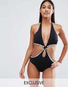 South Beach Cut Out Jewelled Trim Swimsuit - Black