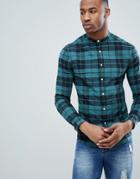 Asos Design Skinny Check Shirt With Grandad Collar - Green