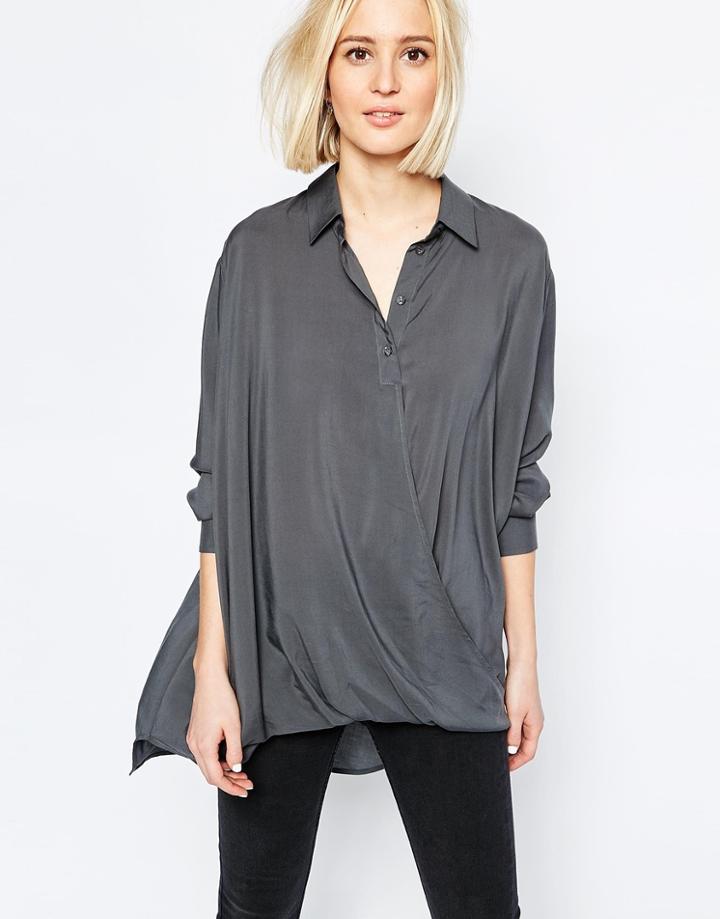 Weekday Naima Drape Front Shirt - Dark Gray
