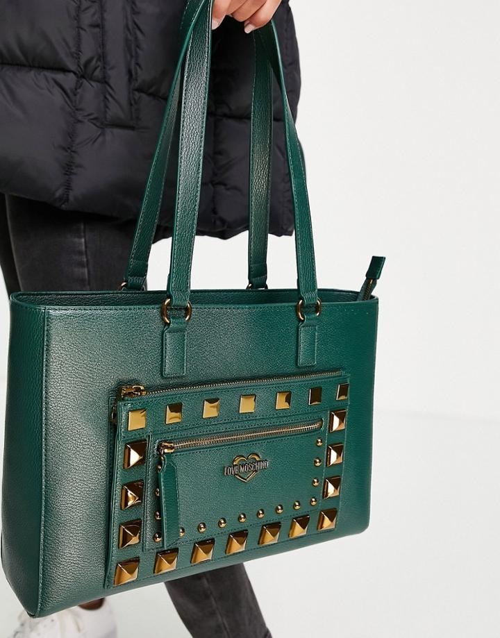 Love Moschino Stud Tote Bag In Dark Green