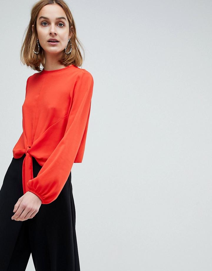 Asos Woven Long Sleeve Top With Knot Front-red