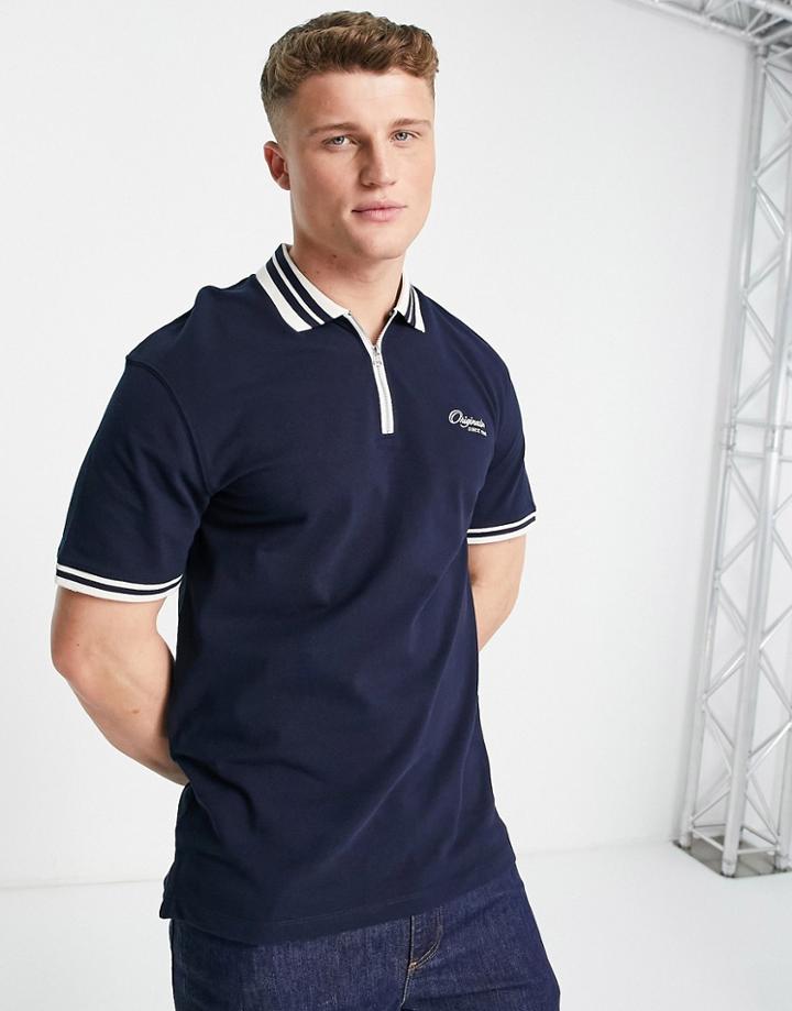 Jack & Jones Originals Tipped Polo Shirt With Half Zip In Navy