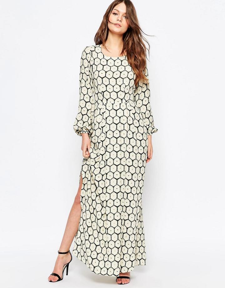 Closet Long Sleeve Maxi Dress In Hexagon Print - Green