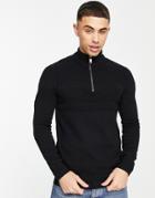 Only & Sons Textured Sweater With Quarter Zip In Black