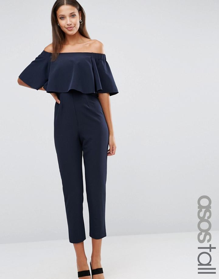 Asos Tall Jumpsuit With Ruffle Bardot - Navy
