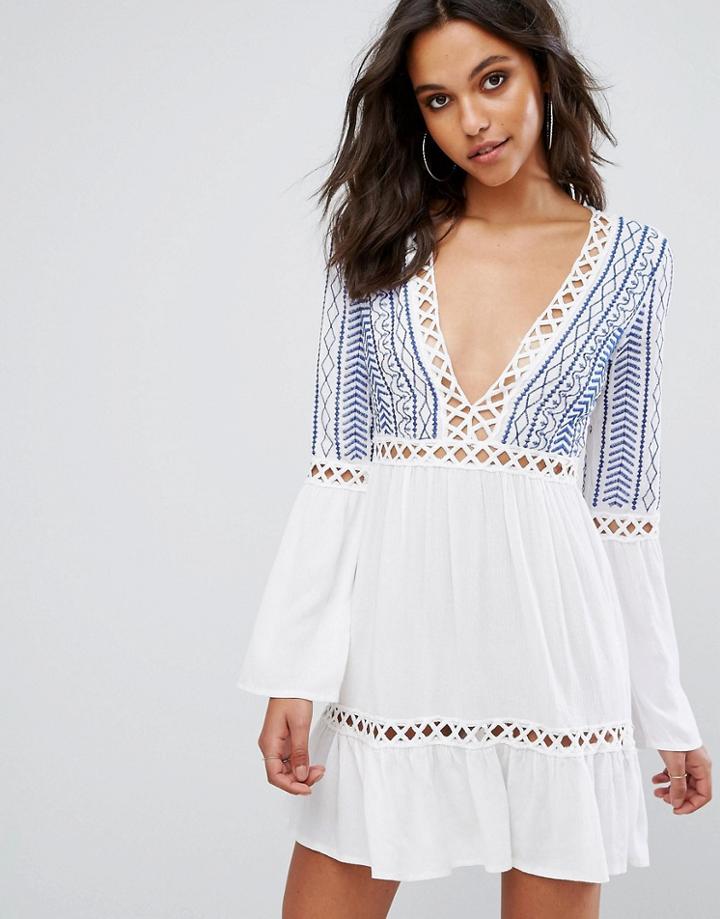 Missguided Embroidered Crochet Trim Swing Dress - White
