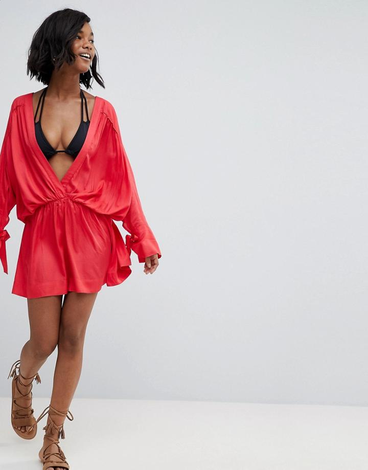 Asos Long Sleeve Plunge Beach Cover Up - Red