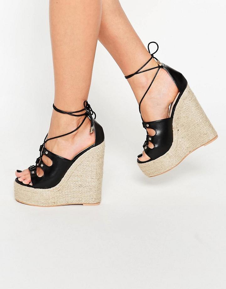 Daisy Street Ankle Tie Wedge Espadrilles - Black