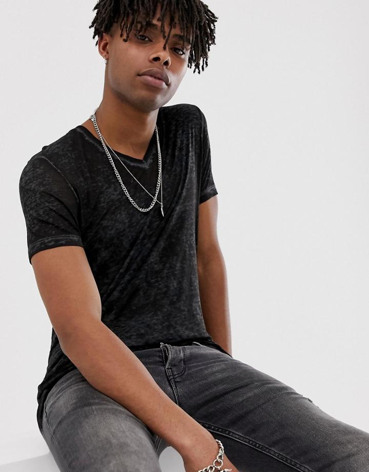 Asos Design Longline T-shirt With Deep V Neck In Burnout Wash In Black - Black