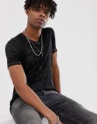 Asos Design Longline T-shirt With Deep V Neck In Burnout Wash In Black - Black