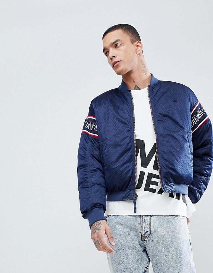Tommy Jeans Reversible Mesh Padded Bomber Jacket Sleeve Band Logo In Navy - Navy