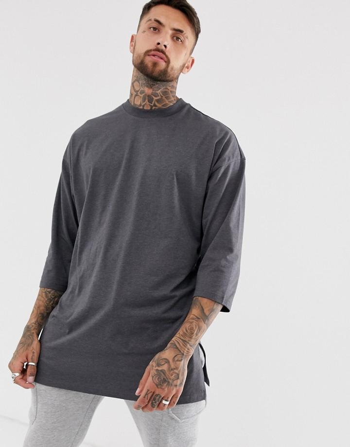 Asos Design Oversized Super Longline T-shirt With 3/4 Sleeve In Charcoal Marl - Gray