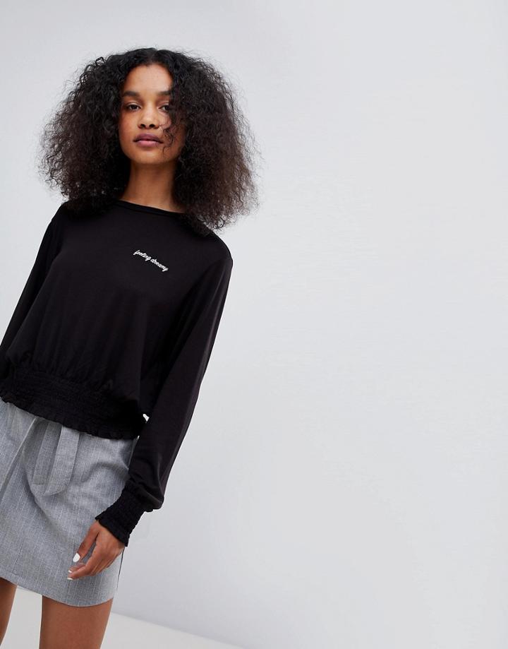 Monki Embroidered Slogan Sweater - Black