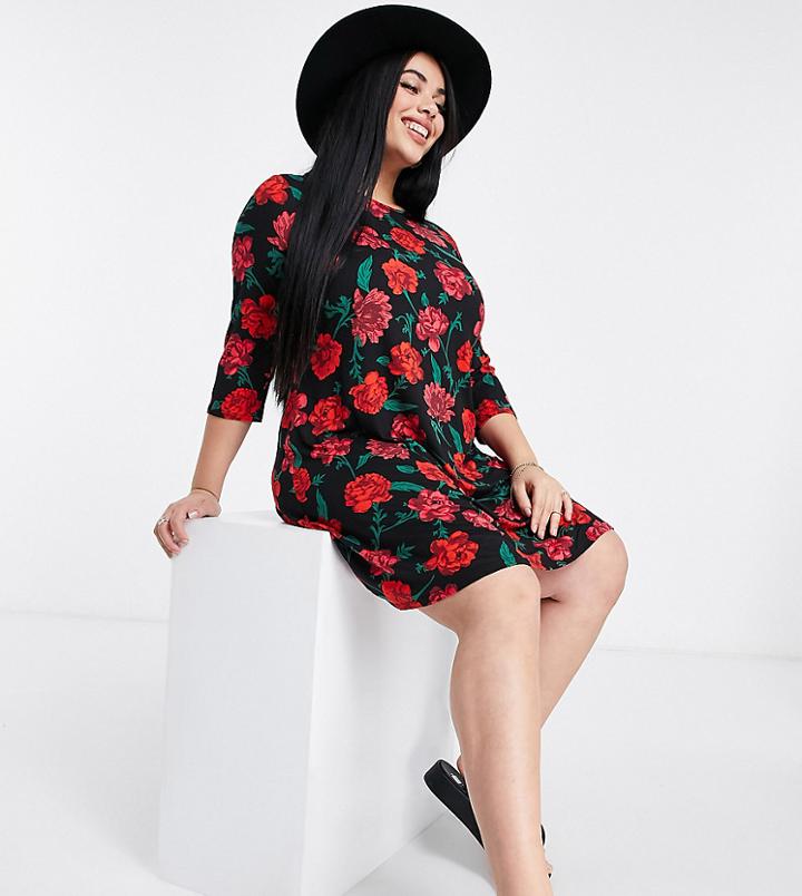 Simply Be Swing Dress In Rose Floral Print-multi