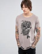 Asos Longline T-shirt With Raw Scoop Neck And Slashed Hem With Skull Print - Brown