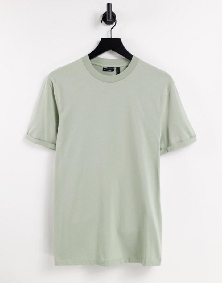 Asos Design Organic T-shirt With Roll Sleeve In Washed Khaki-green