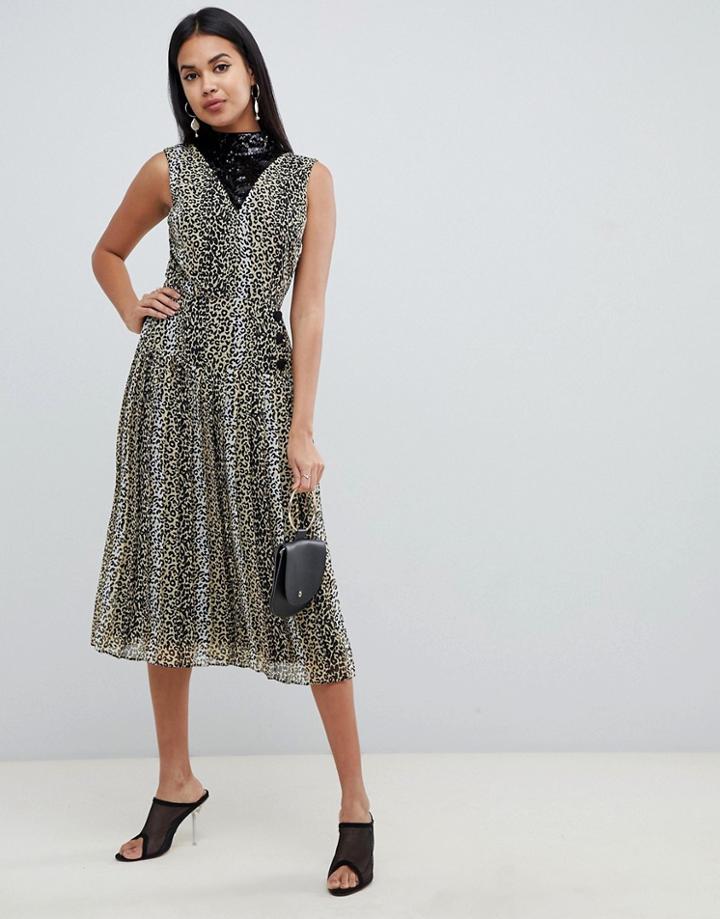 Asos Design Sequin Mix Leopard Print Pleated Midi Dress-multi