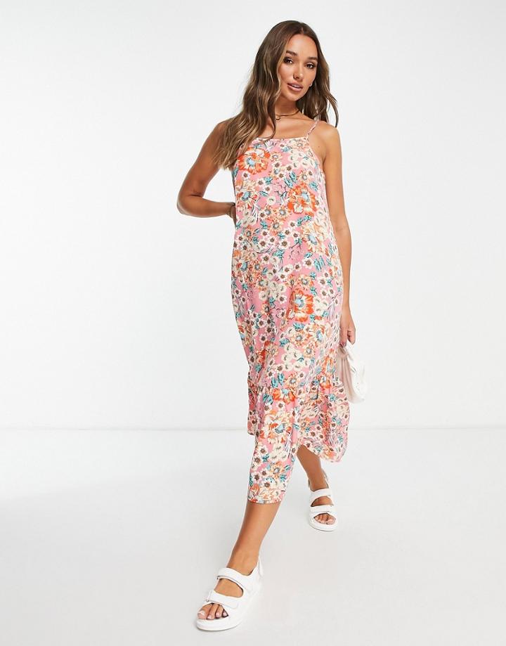 Vila Midi Dress In Pink Floral Print-multi