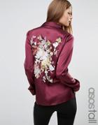 Asos Tall Satin Pyjama Blouse With Floral Embroidered Back - Multi