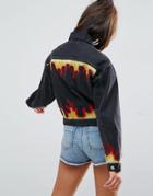 Asos Denim Girlfriend Jacket In Washed Black With Flame Embroidery - Black