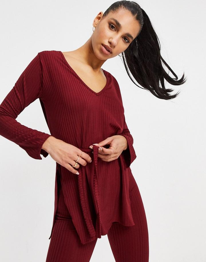 Femme Luxe Ribbed Plunge Front Top With Belt And Leggings Set In Berry-purple