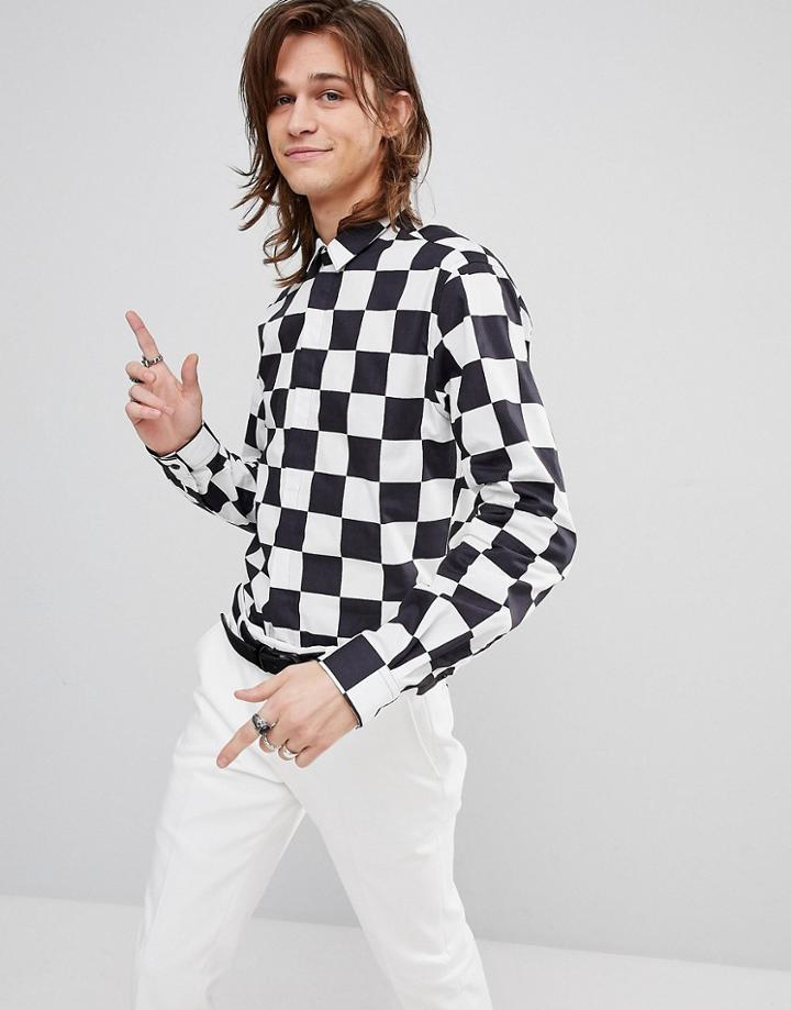 Noose & Monkey Skinny Shirt In Checkerboard - Black