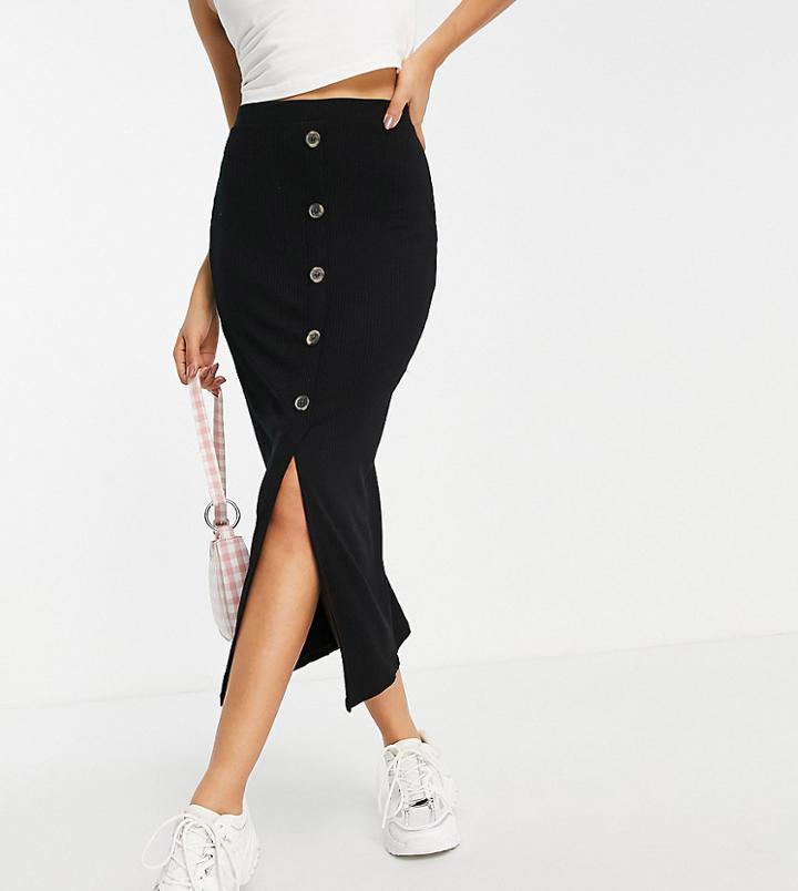 Asos Design Petite Rib Midi Skirt With Horn Buttons In Black