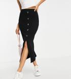 Asos Design Petite Rib Midi Skirt With Horn Buttons In Black