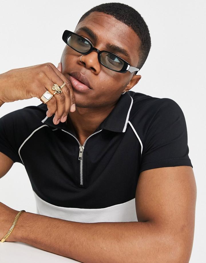 Asos Design Recycled Skinny Rectangles Sunglasses In Black With Green Lens