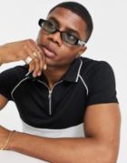 Asos Design Recycled Skinny Rectangles Sunglasses In Black With Green Lens