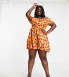 Vila Curve Mini Dress With Bust Detail In Orange Retro Floral