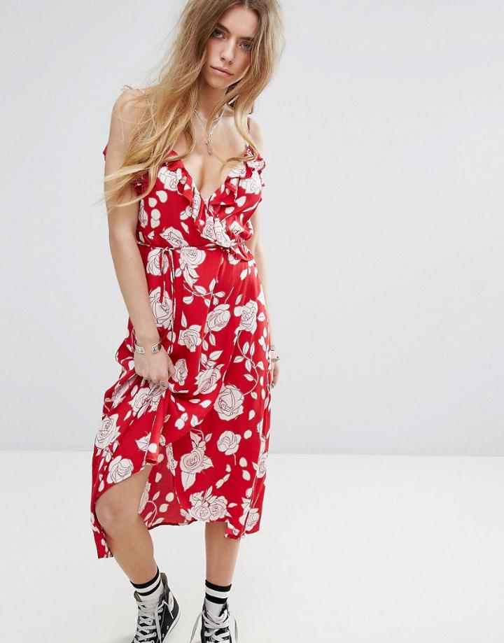 Minkpink Beauty And The Beast Cold Shoulder Ruffle Cami Dress With Wrap Front In Rose Print - Multi