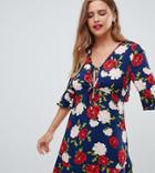 New Look Floral Frill Tea Dress-blue