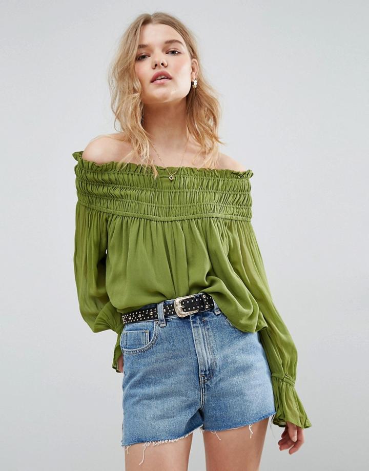 Asos Off Shoulder Top With Shirring - Green