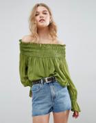 Asos Off Shoulder Top With Shirring - Green