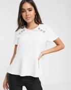 River Island Peplum Top With Button Shoulder Detail In White