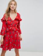 Influence Frill And Button Detail Floral Tea Dress - Multi