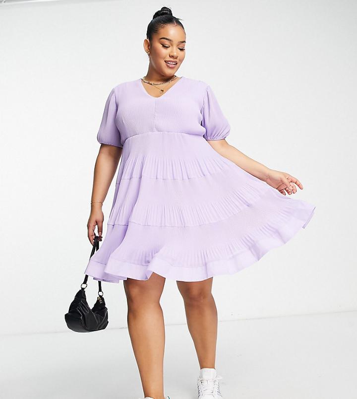 Missguided Plus Pleated Tiered Smock Dress In Lilac-purple