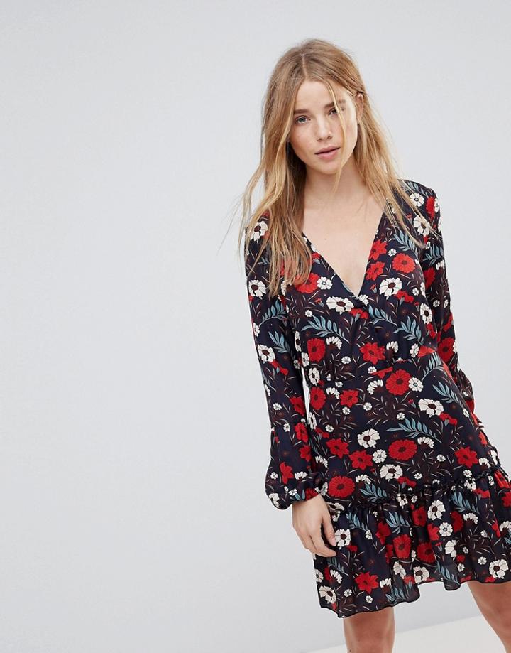 Parisian Floral Wrap Front Dress-red