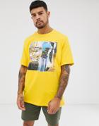 Asos Design Relaxed T-shirt With Photographic Print And Roll Sleeve-yellow
