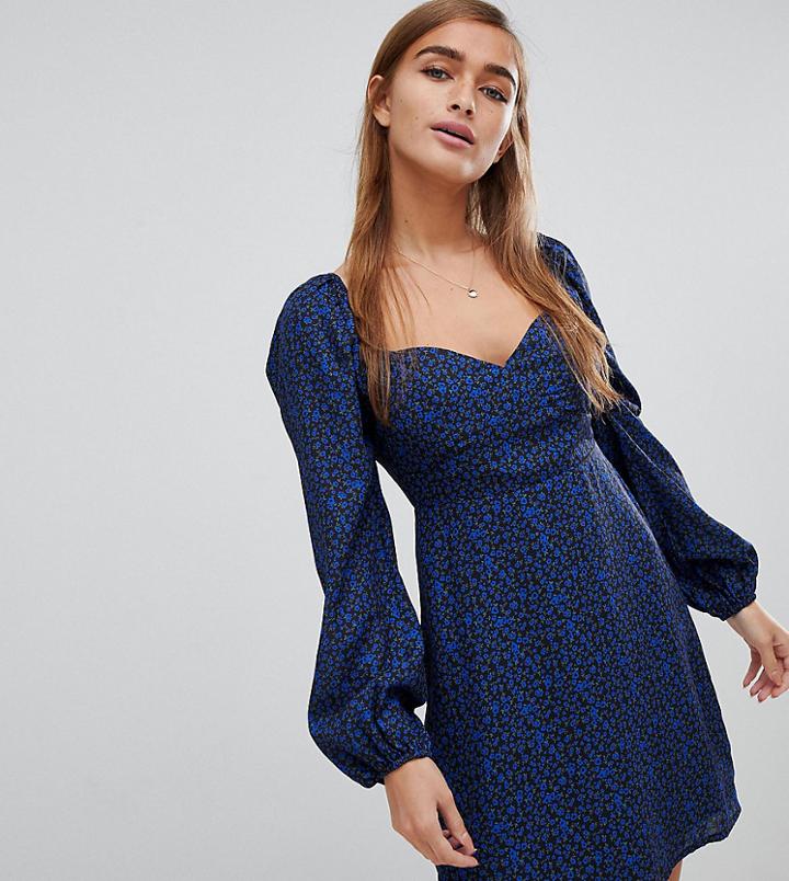 Fashion Union Petite Square Neck Tea Dress In Ditsy Floral - Blue