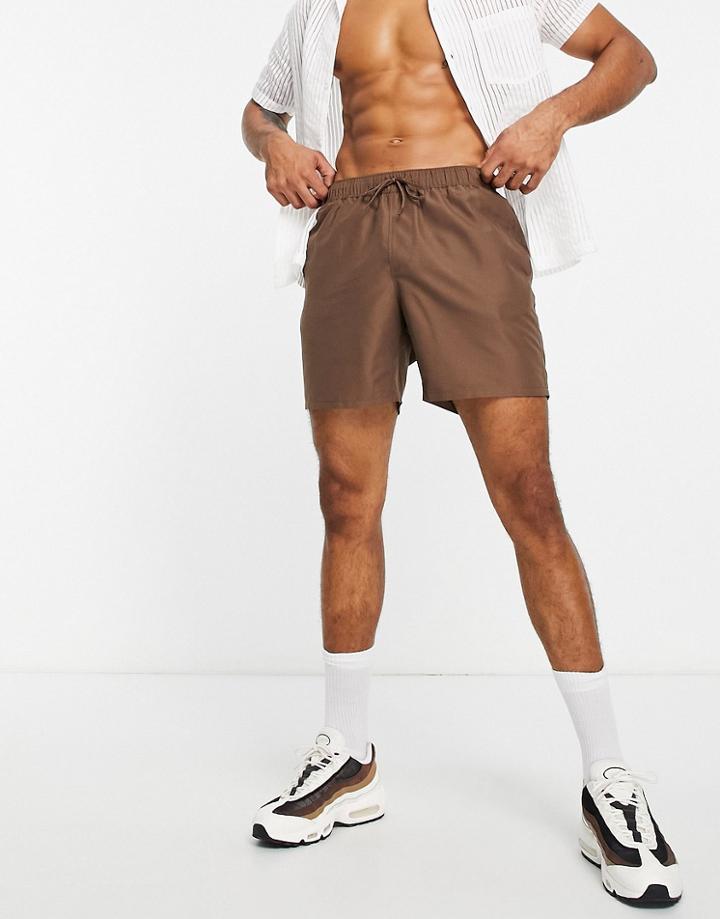 Asos Design Swim Shorts In Brown Mid Length