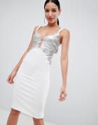 Asos Design Plunge Sequin Scuba Midi Dress-white