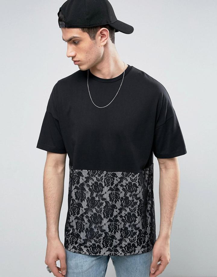 Asos Oversized T-shirt With Lace Cut And Sew Panel - Black