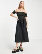 Topshop Contrast Stitching Shirred Bardot Dress In Black