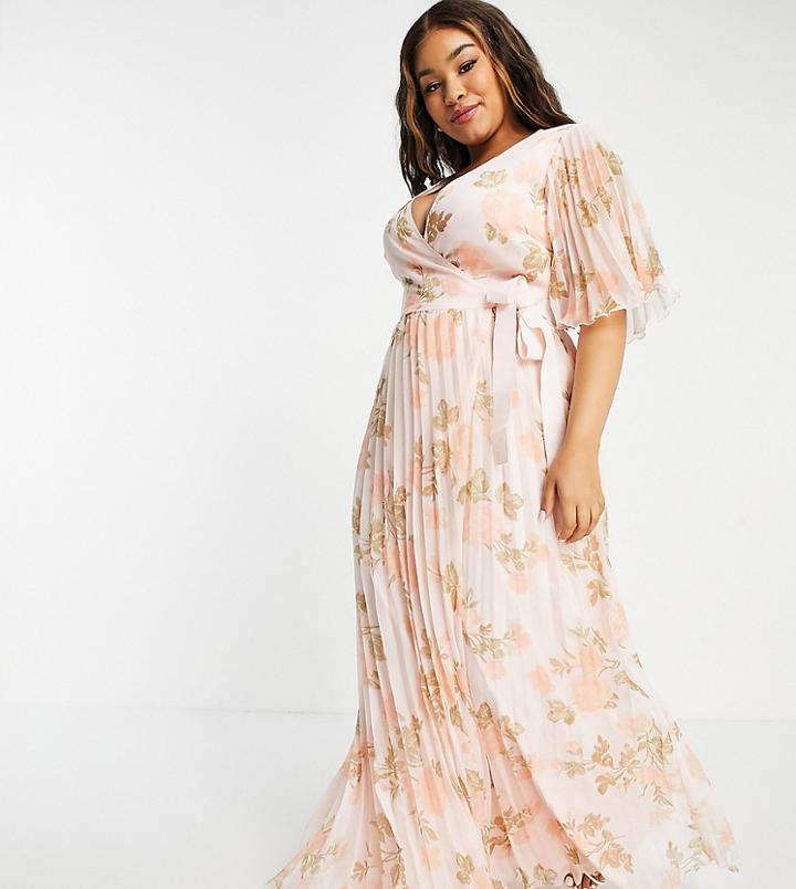 Asos Design Curve Exclusive Maxi Dress With Kimono Sleeves And Tie Waist In Pleated Occasion Floral-multi