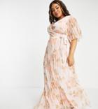 Asos Design Curve Exclusive Maxi Dress With Kimono Sleeves And Tie Waist In Pleated Occasion Floral-multi
